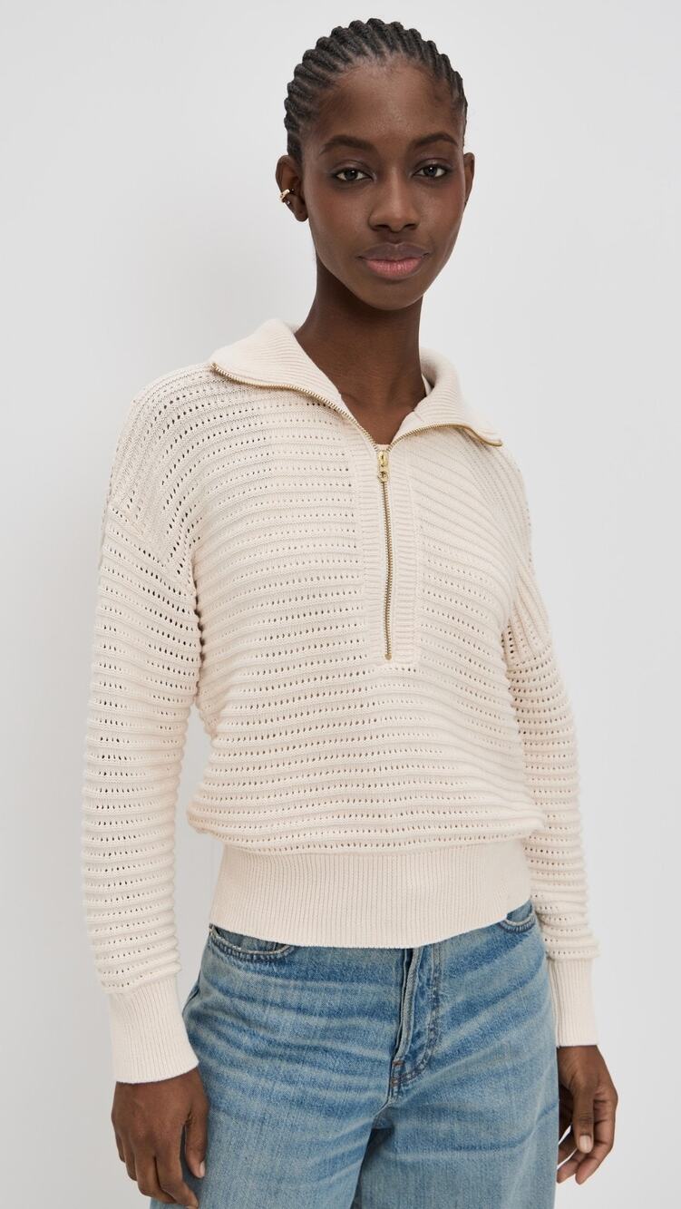 Varley Tara Pointelle Half Zip Beige Cotton Sweater Medium